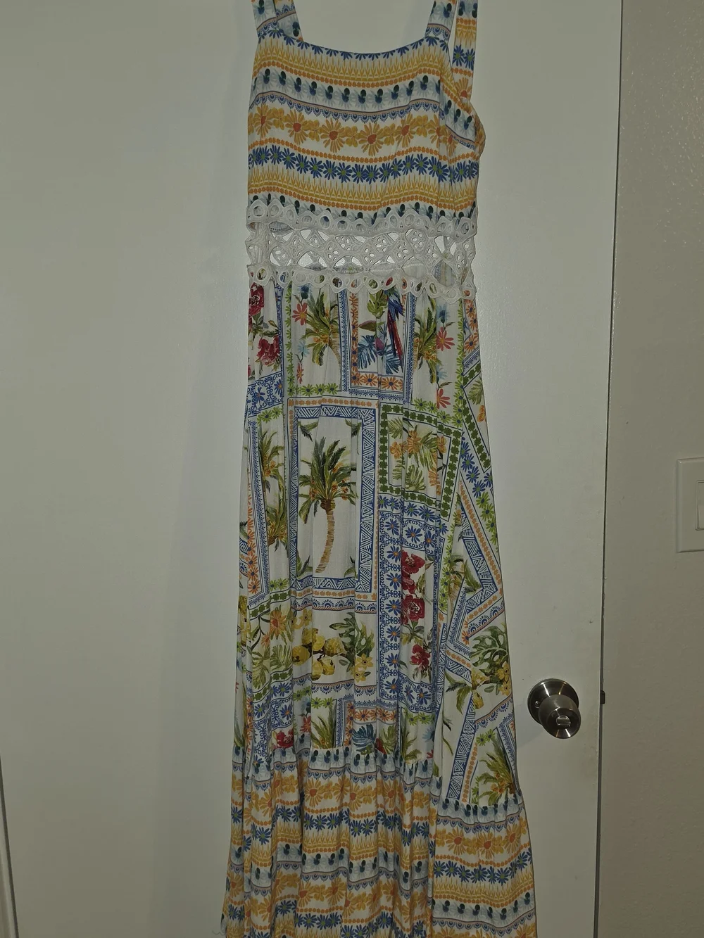 Cupshe White Maxi Dress with Yellow, Blue & Green Tropical Panels